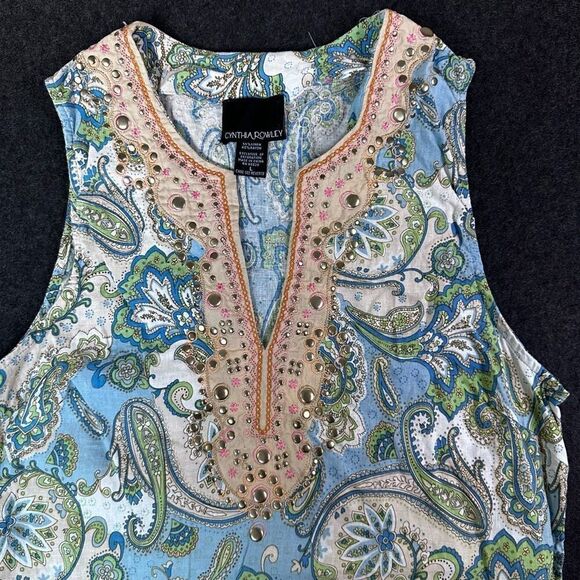 Cynthia Rowley Paisley Plunge Neck Sleeveless Tunic Top Womens L Blue Cottagecor - Picture 2 of 9
